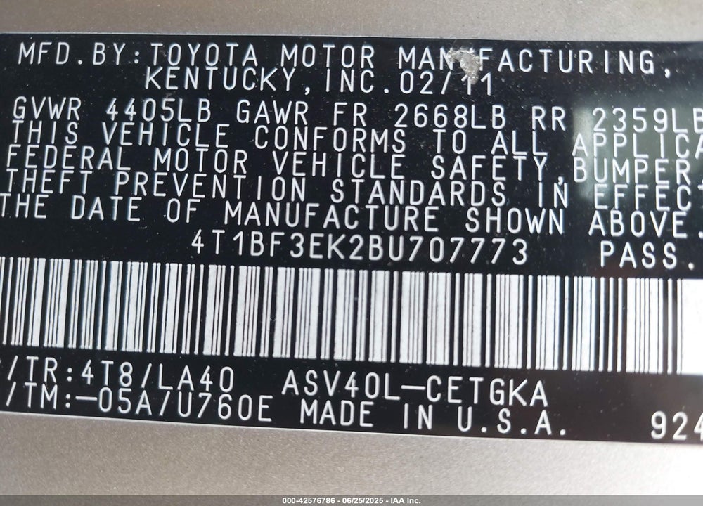 2011 TOYOTA CAMRY VIN: 4T1BF3EK2BU707773