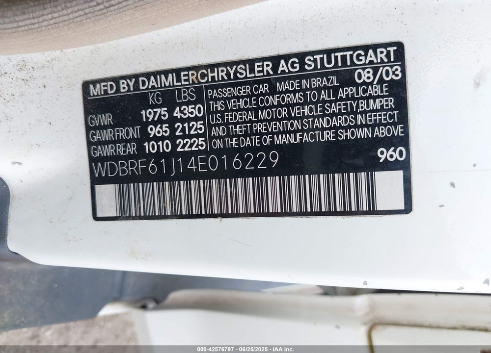 2004 MERCEDES-BENZ C 240 VIN: WDBRF61J14E016229