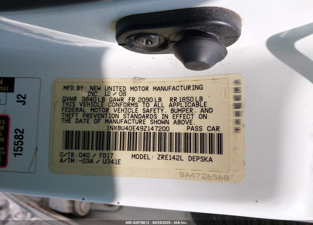 2009 TOYOTA COROLLA VIN: 1NXBU40E49Z147200