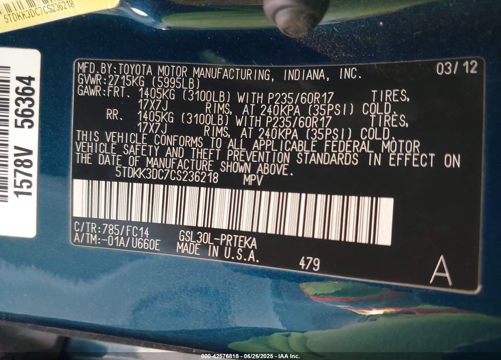 2012 TOYOTA SIENNA LE V6 8 PASSENGER VIN: 5TDKK3DC7CS236218