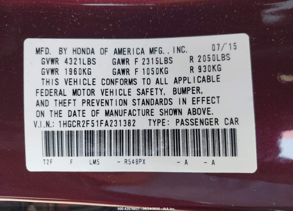 2015 HONDA ACCORD VIN: 1HGCR2F51FA231382