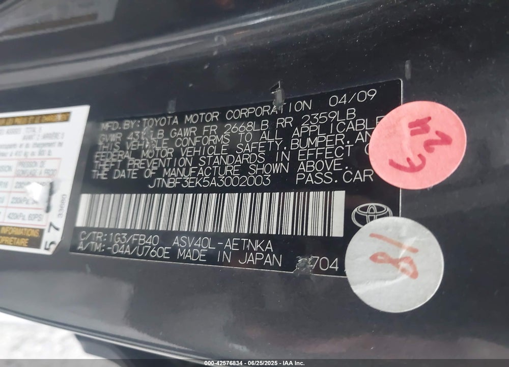 2010 TOYOTA CAMRY VIN: JTNBF3EK5A3002003