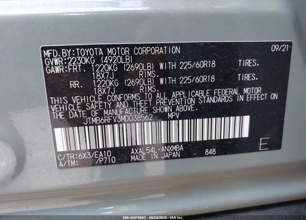2021 TOYOTA RAV4 HYBRID VIN: JTMB6RFV3MD038562