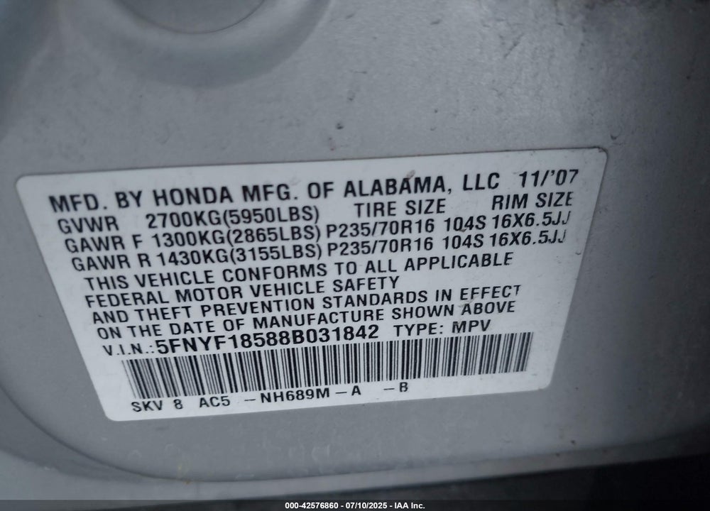 2008 HONDA PILOT VIN: 5FNYF18588B031842