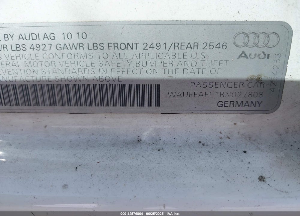 2011 AUDI A4 VIN: WAUFFAFL1BN027808