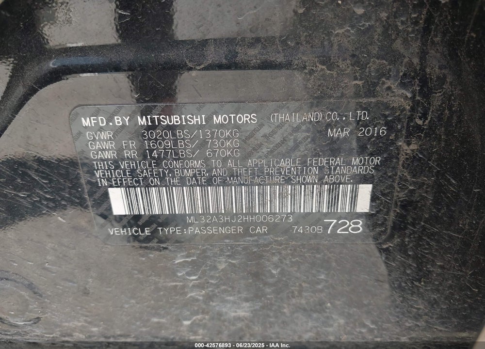 2017 MITSUBISHI MIRAGE VIN: ML32A3HJ2HH006273