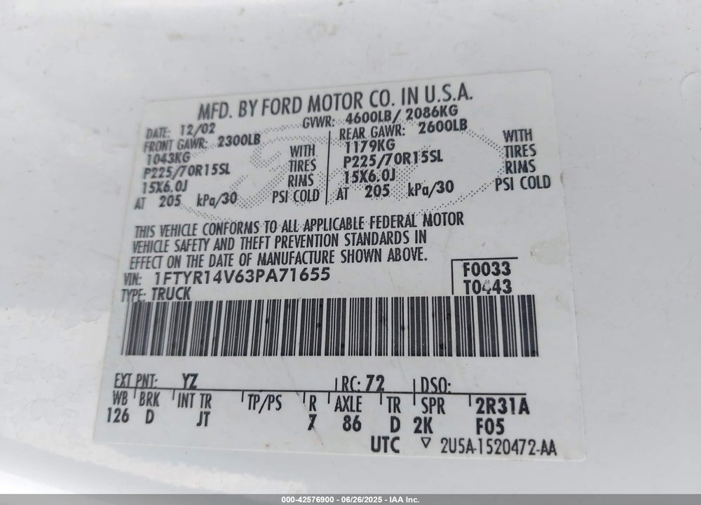 2003 FORD RANGER EDGE/TREMOR/XL/XLT VIN: 1FTYR14V63PA71655