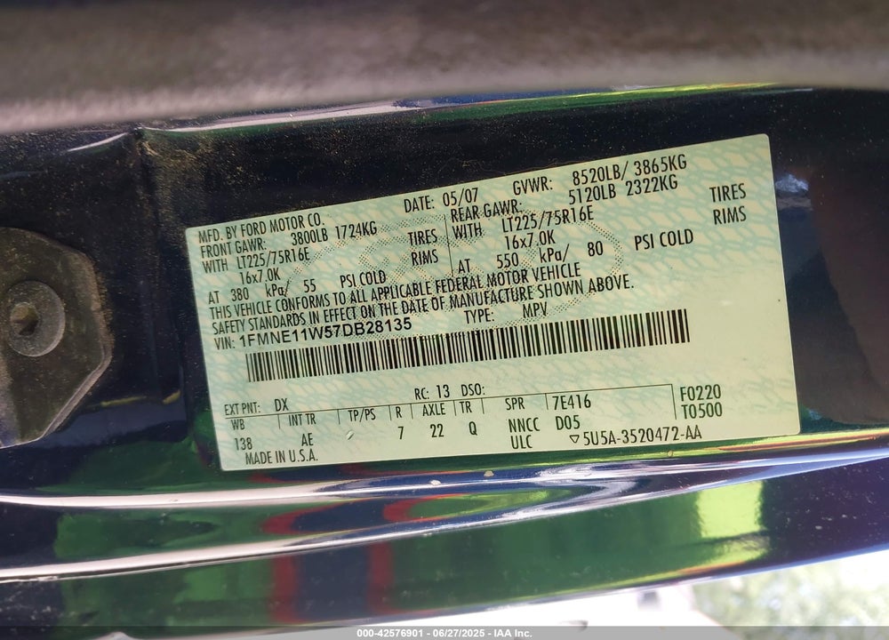 2007 FORD E-150 CHATEAU/XL/XLT VIN: 1FMNE11W57DB28135