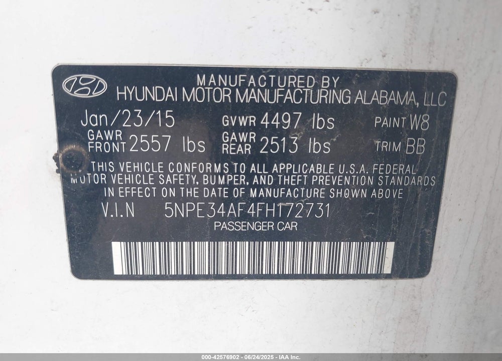 2015 HYUNDAI SONATA LIMITED VIN: 5NPE34AF4FH172731