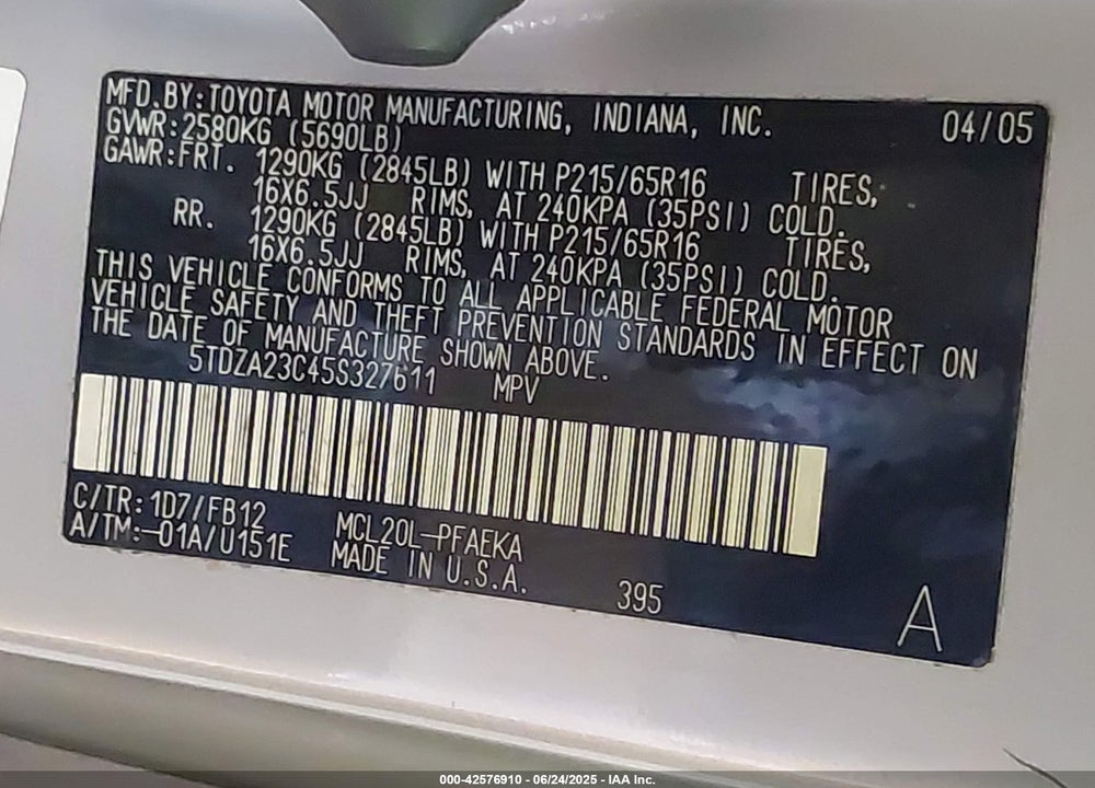 2005 TOYOTA SIENNA LE VIN: 5TDZA23C45S327611