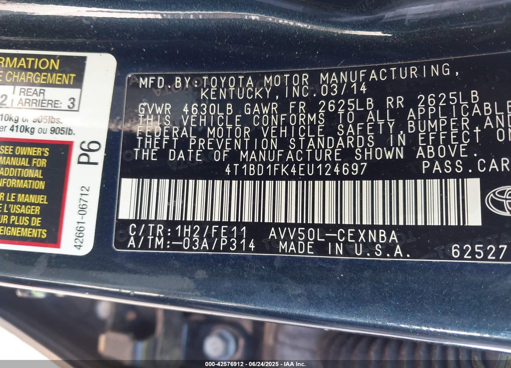 2014 TOYOTA CAMRY HYBRID VIN: 4T1BD1FK4EU124697