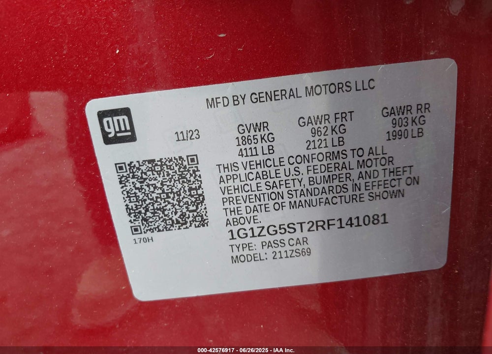 2024 CHEVROLET MALIBU VIN: 1G1ZG5ST2RF141081