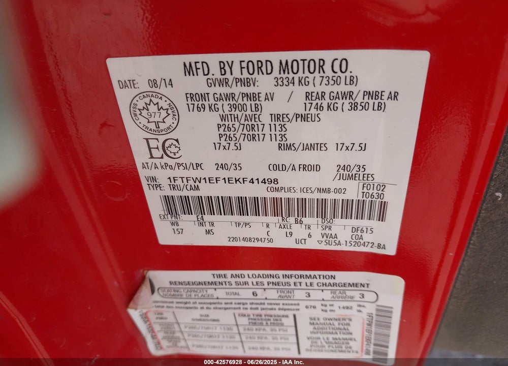 2014 FORD F-150 VIN: 1FTFW1EF1EKF41498