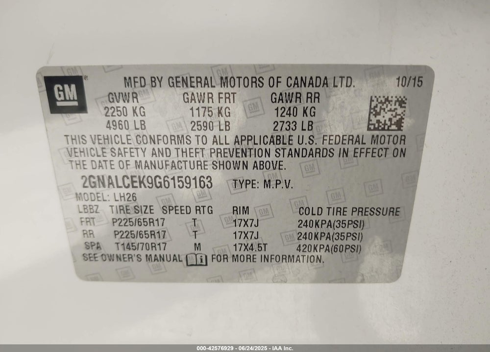 2016 CHEVROLET EQUINOX VIN: 2GNALCEK9G6159163