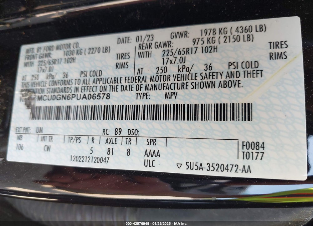 2023 FORD ESCAPE VIN: 1FMCU0GN6PUA06578