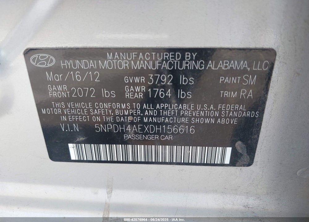 2013 HYUNDAI ELANTRA VIN: 5NPDH4AEXDH156616