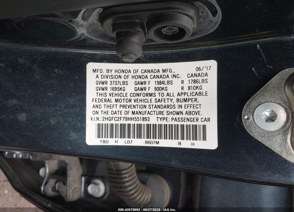 2017 HONDA CIVIC VIN: 2HGFC2F79HH551893