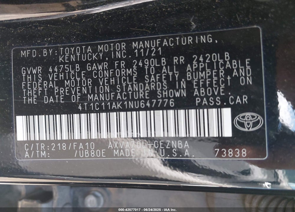 2022 TOYOTA CAMRY VIN: 4T1C11AK1NU647776