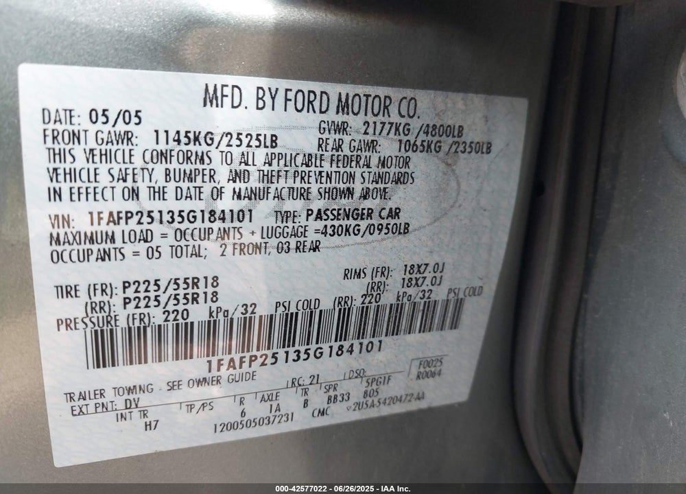 2005 FORD FIVE HUNDRED LIMITED VIN: 1FAFP25135G184101