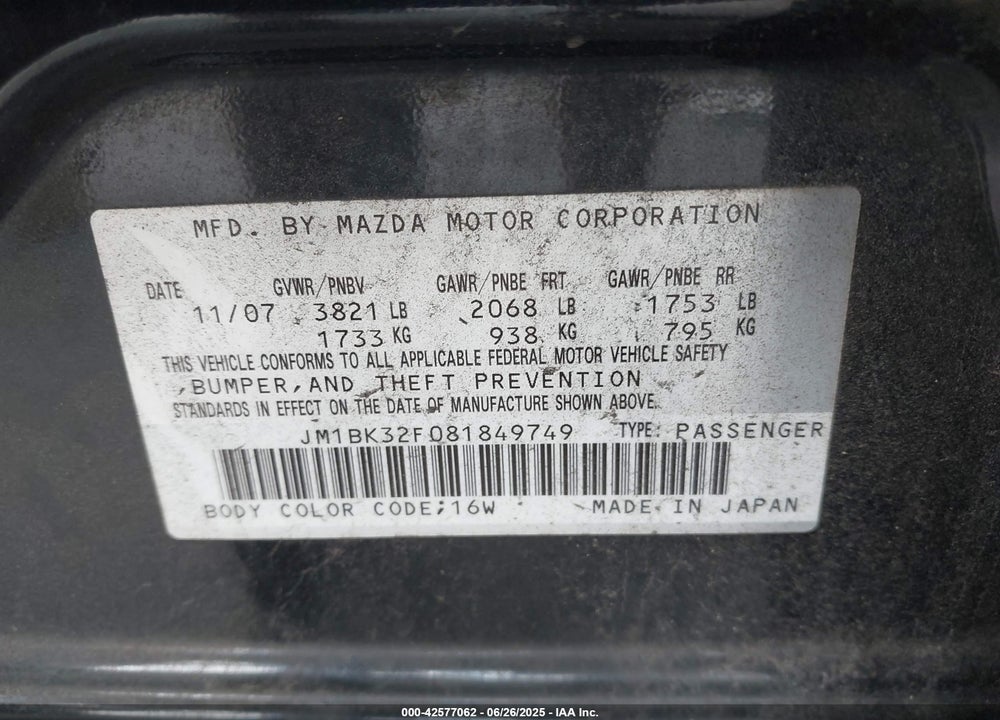 2008 MAZDA 3 VIN: JM1BK32F081849749