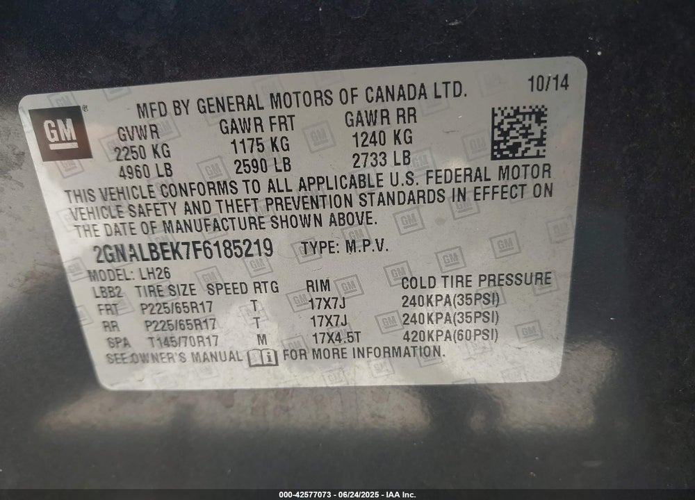 2015 CHEVROLET EQUINOX VIN: 2GNALBEK7F6185219