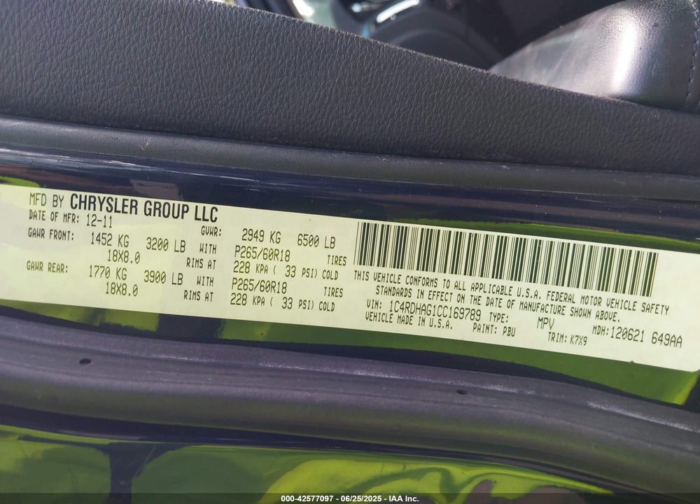 2012 DODGE DURANGO VIN: 1C4RDHAG1CC169789