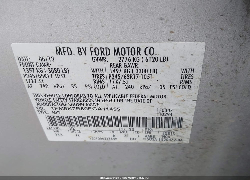 2014 FORD EXPLORER VIN: 1FM5K7B89EGA11455
