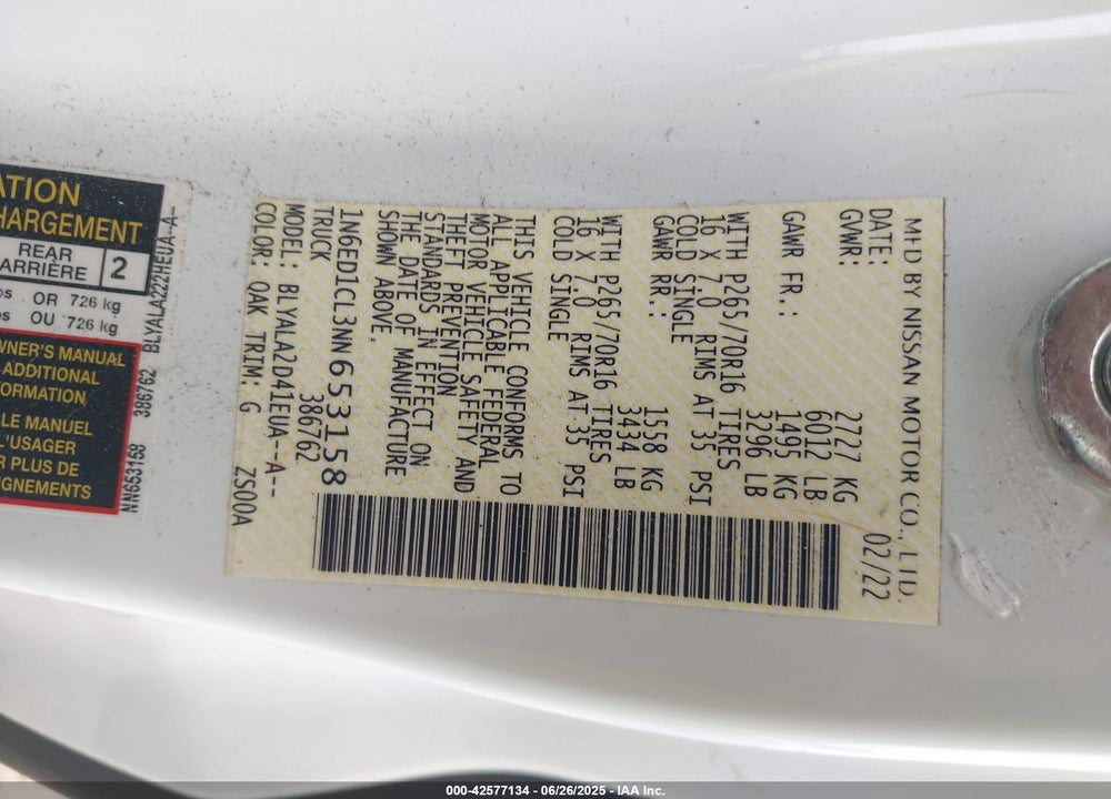 2022 NISSAN FRONTIER VIN: 1N6ED1CL3NN653158