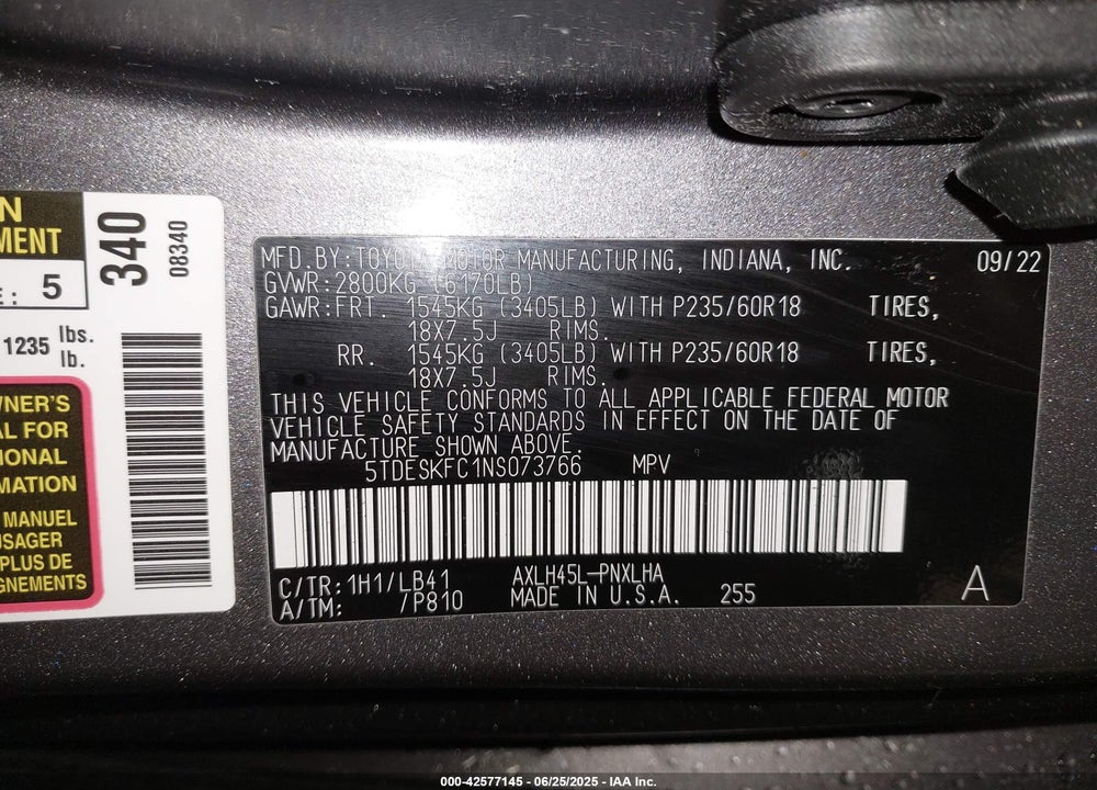 2022 TOYOTA SIENNA PLATINUM VIN: 5TDESKFC1NS073766