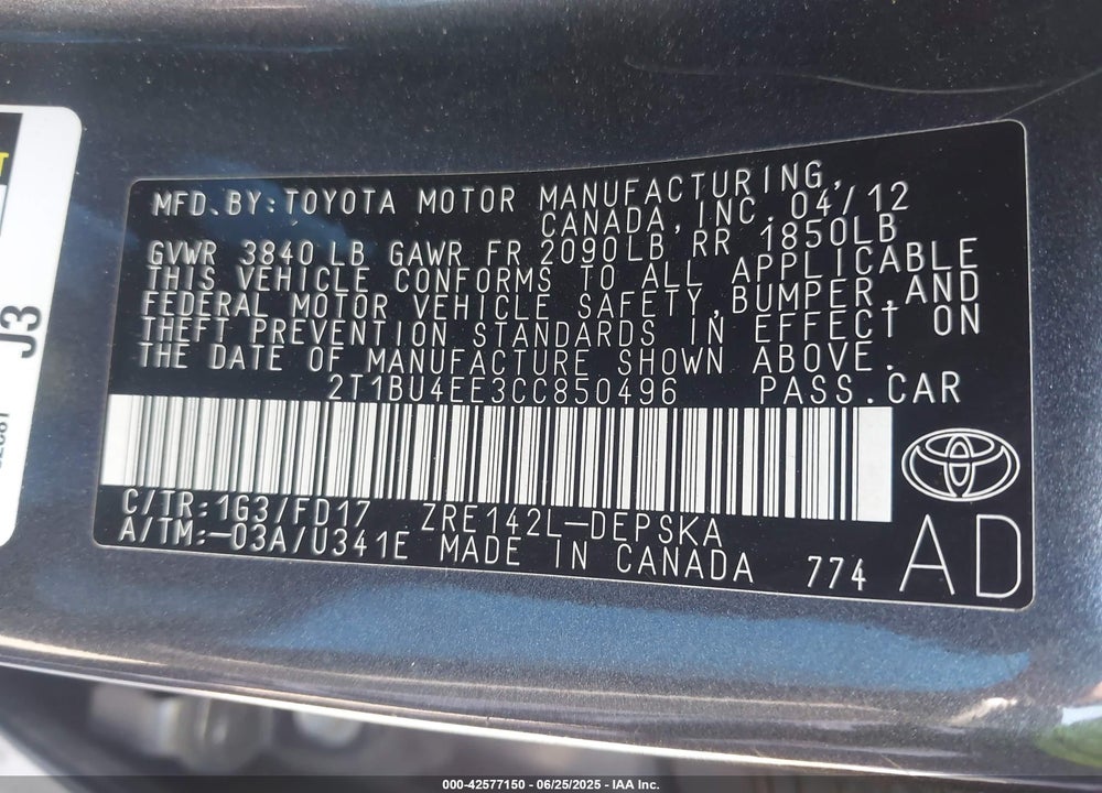 2012 TOYOTA COROLLA VIN: 2T1BU4EE3CC850496