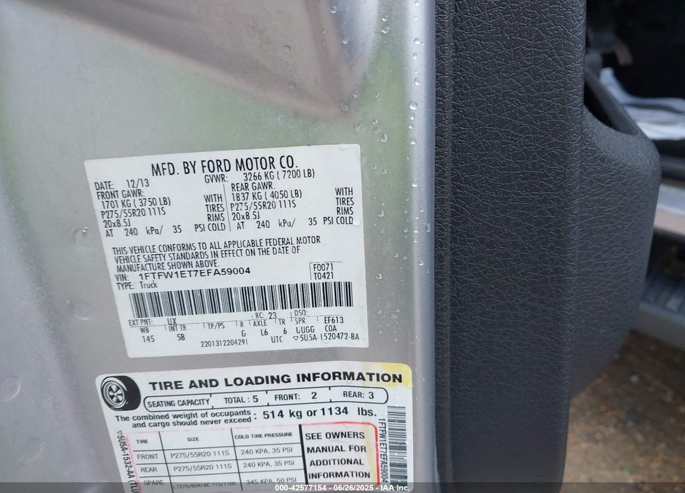 2014 FORD F-150 VIN: 1FTFW1ET7EFA59004