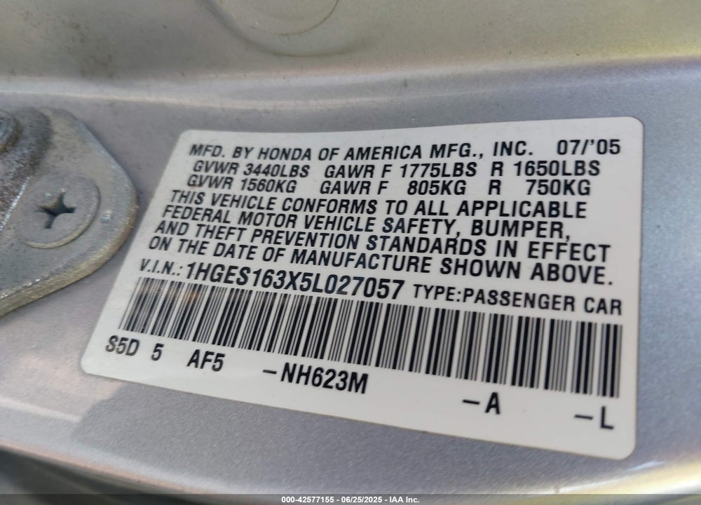 2005 HONDA CIVIC VP VIN: 1HGES163X5L027057