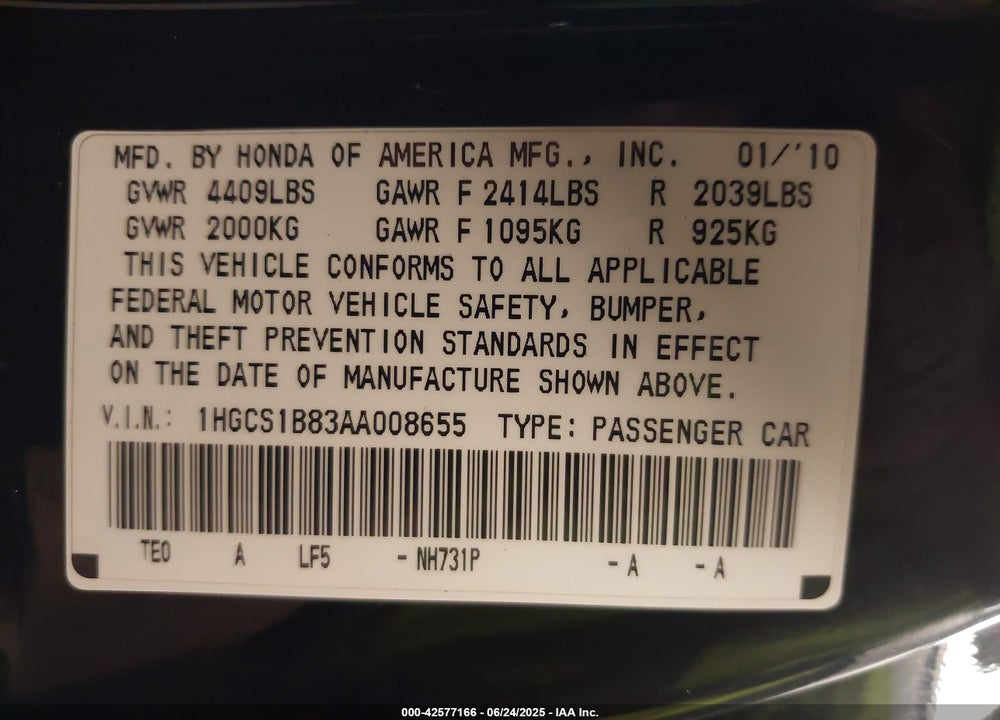 2010 HONDA ACCORD VIN: 1HGCS1B83AA008655
