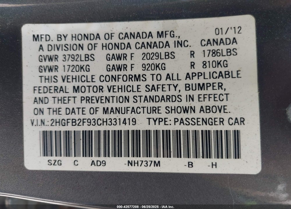 2012 HONDA CIVIC VIN: 2HGFB2F93CH331419