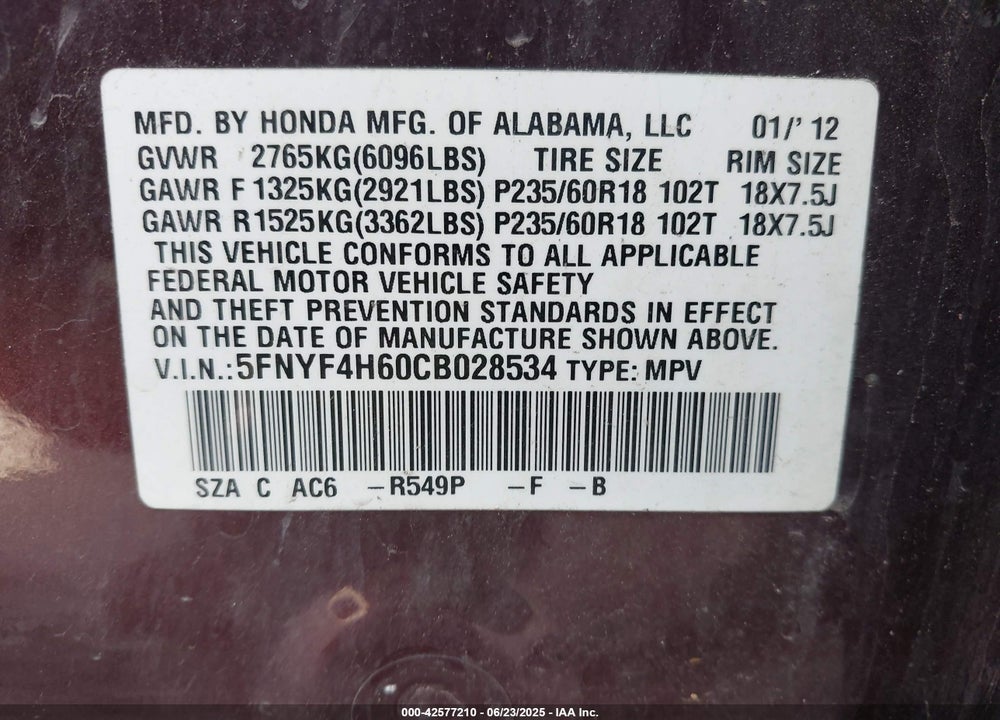 2012 HONDA PILOT VIN: 5FNYF4H60CB028534