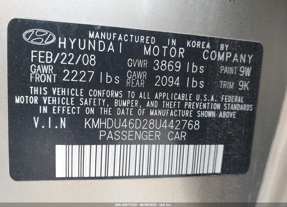 2008 HYUNDAI ELANTRA VIN: KMHDU46D28U442768