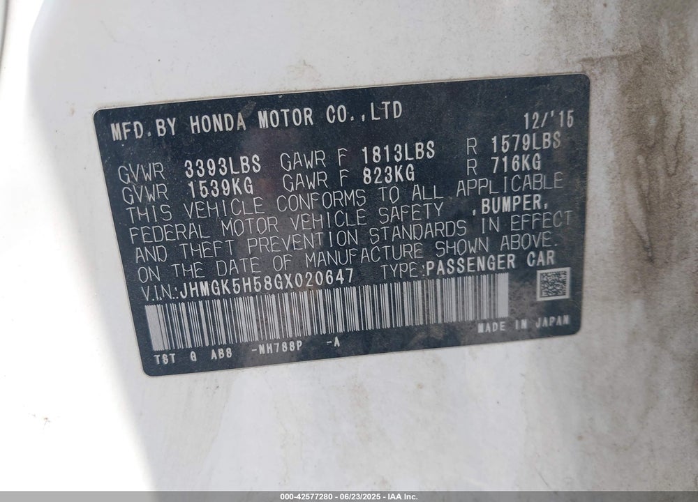 2016 HONDA FIT LX VIN: JHMGK5H58GX020647