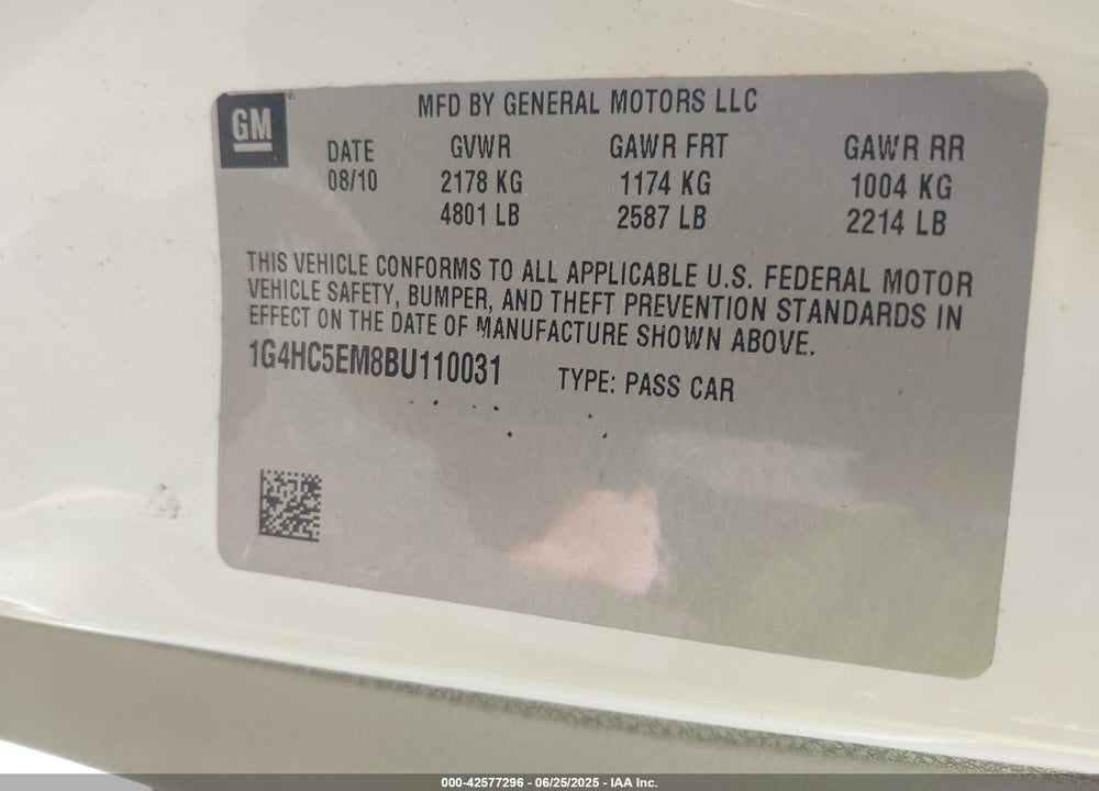 2011 BUICK LUCERNE VIN: 1G4HC5EM8BU110031