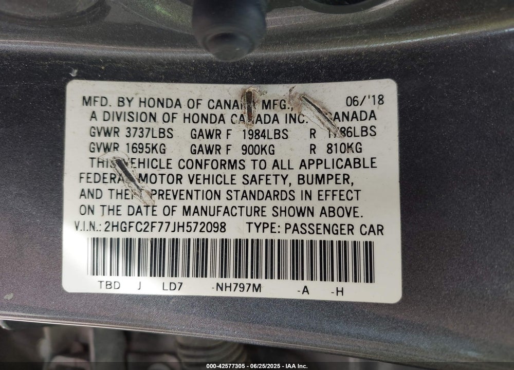 2018 HONDA CIVIC VIN: 2HGFC2F77JH572098