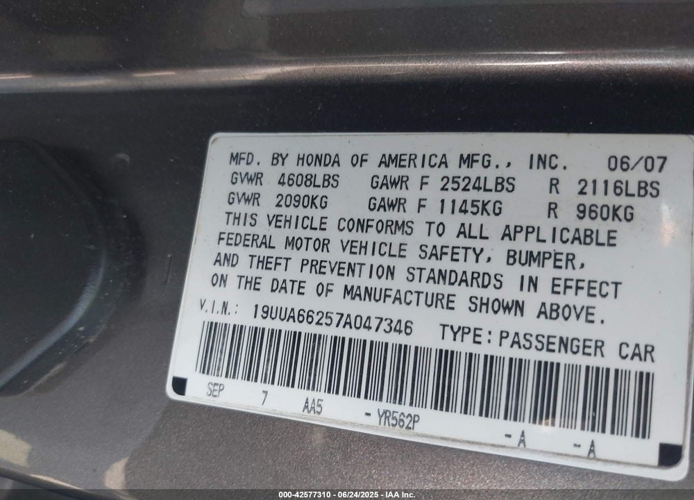 2007 ACURA TL VIN: 19UUA66257A047346