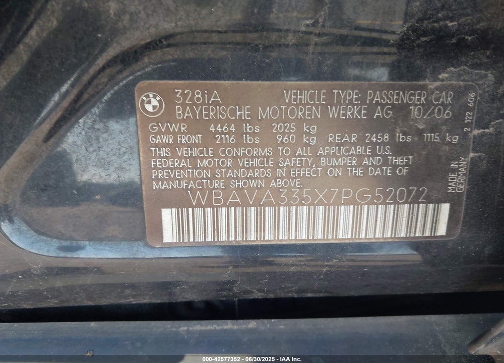 2007 BMW 328 VIN: WBAVA335X7PG52072