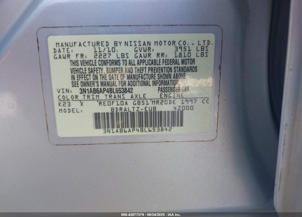2011 NISSAN SENTRA VIN: 3N1AB6AP4BL653842