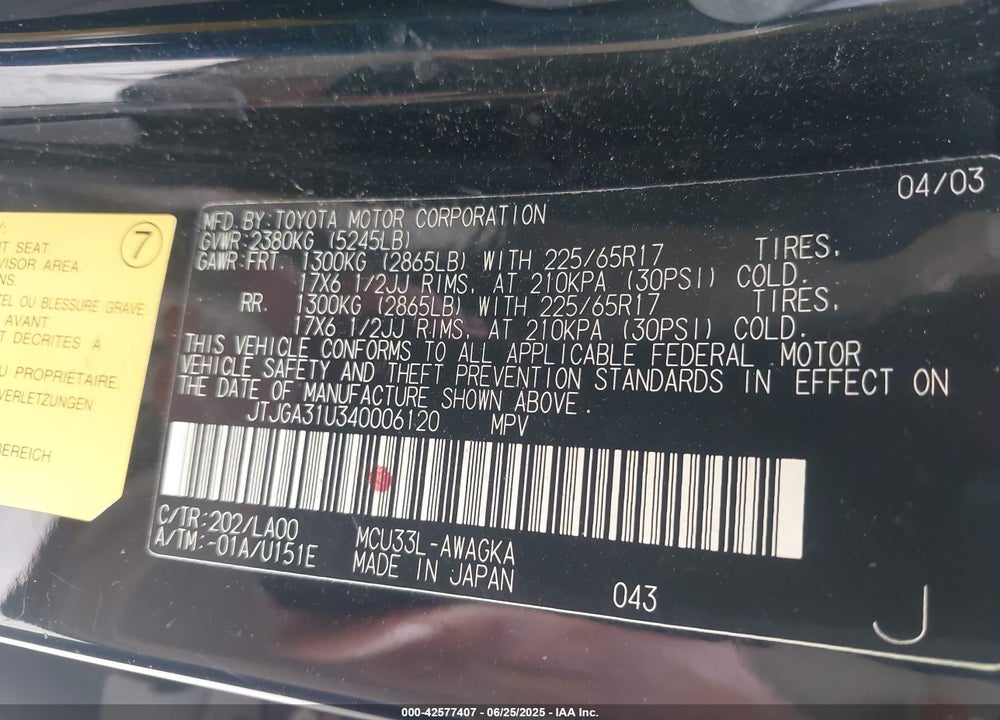 2004 LEXUS RX 330 VIN: JTJGA31U340006120