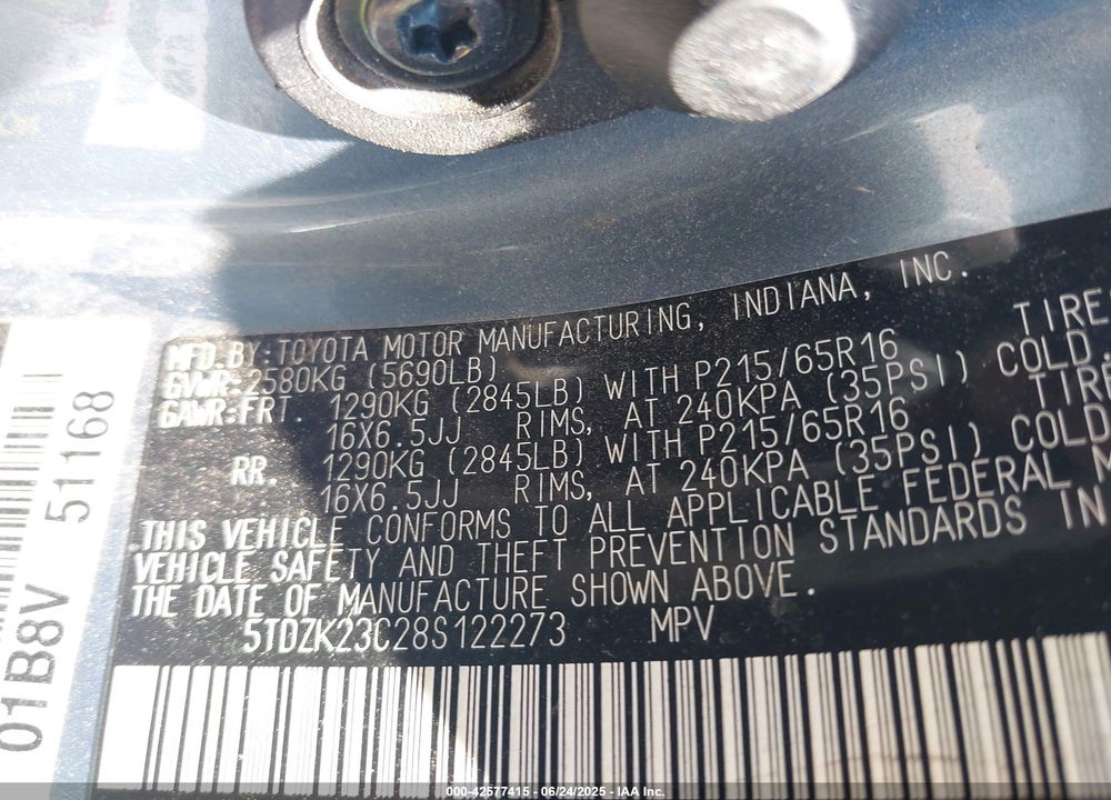 2008 TOYOTA SIENNA LE VIN: 5TDZK23C28S122273