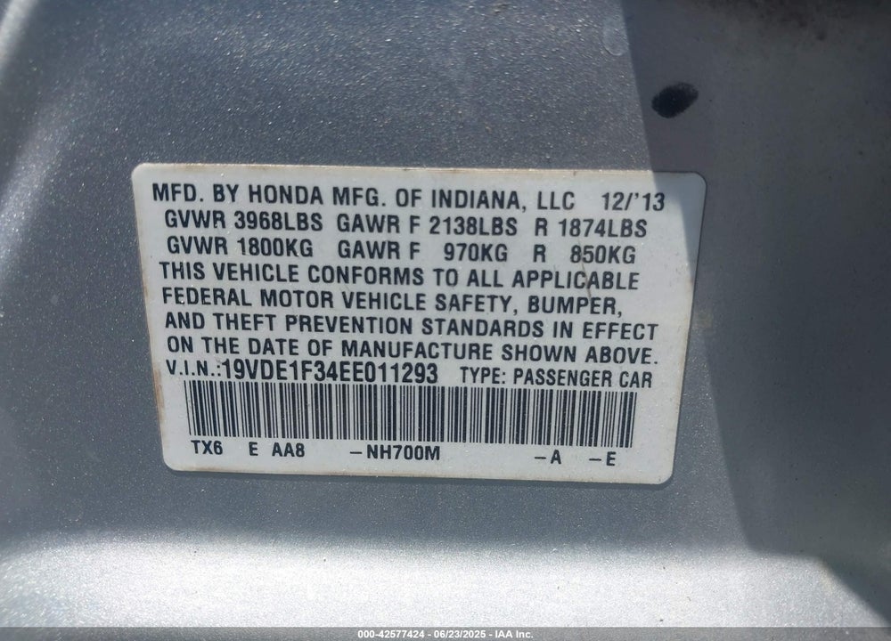 2014 ACURA ILX VIN: 19VDE1F34EE011293