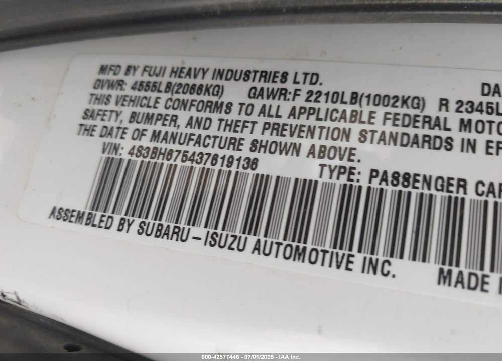 2003 SUBARU OUTBACK VIN: 4S3BH675437619136