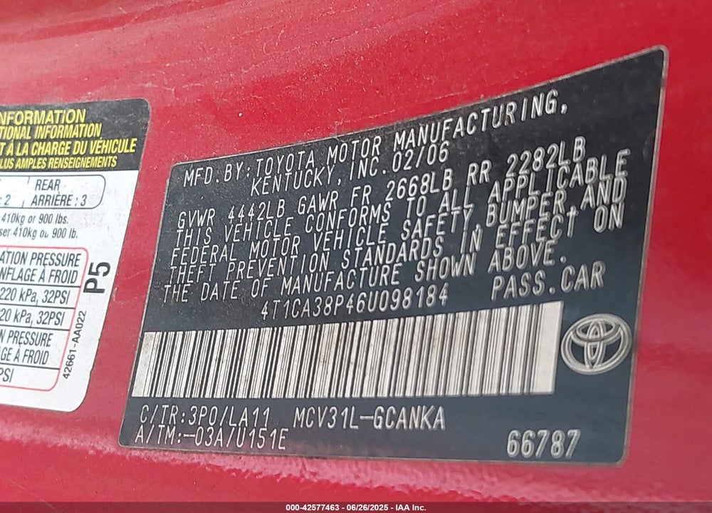 2006 TOYOTA CAMRY SOLARA VIN: 4T1CA38P46U098184