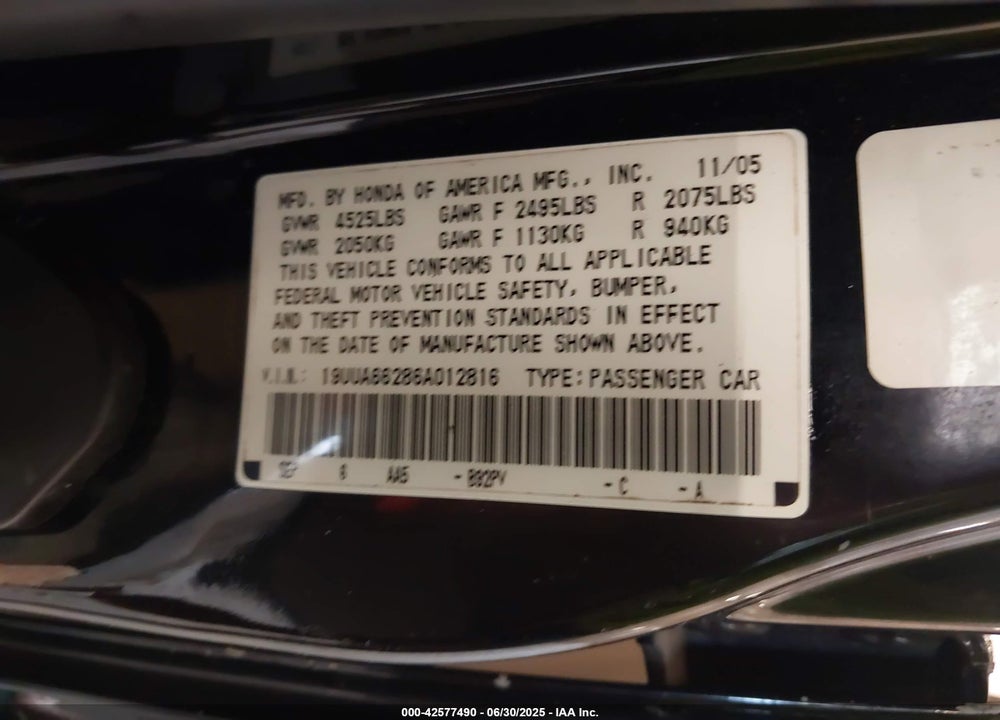 2006 ACURA TL VIN: 19UUA66286A012816