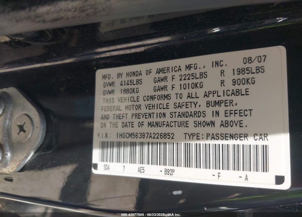 2007 HONDA ACCORD 2.4 SE VIN: 1HGCM56397A226852