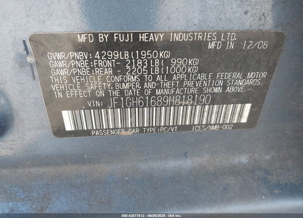 2009 SUBARU IMPREZA VIN: JF1GH61689H818190